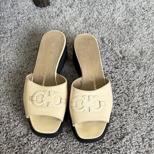 Salvatore Ferragamo Beige and Black Mules